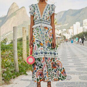 Farm Rio White Summer Garden Maxi Dress NWT